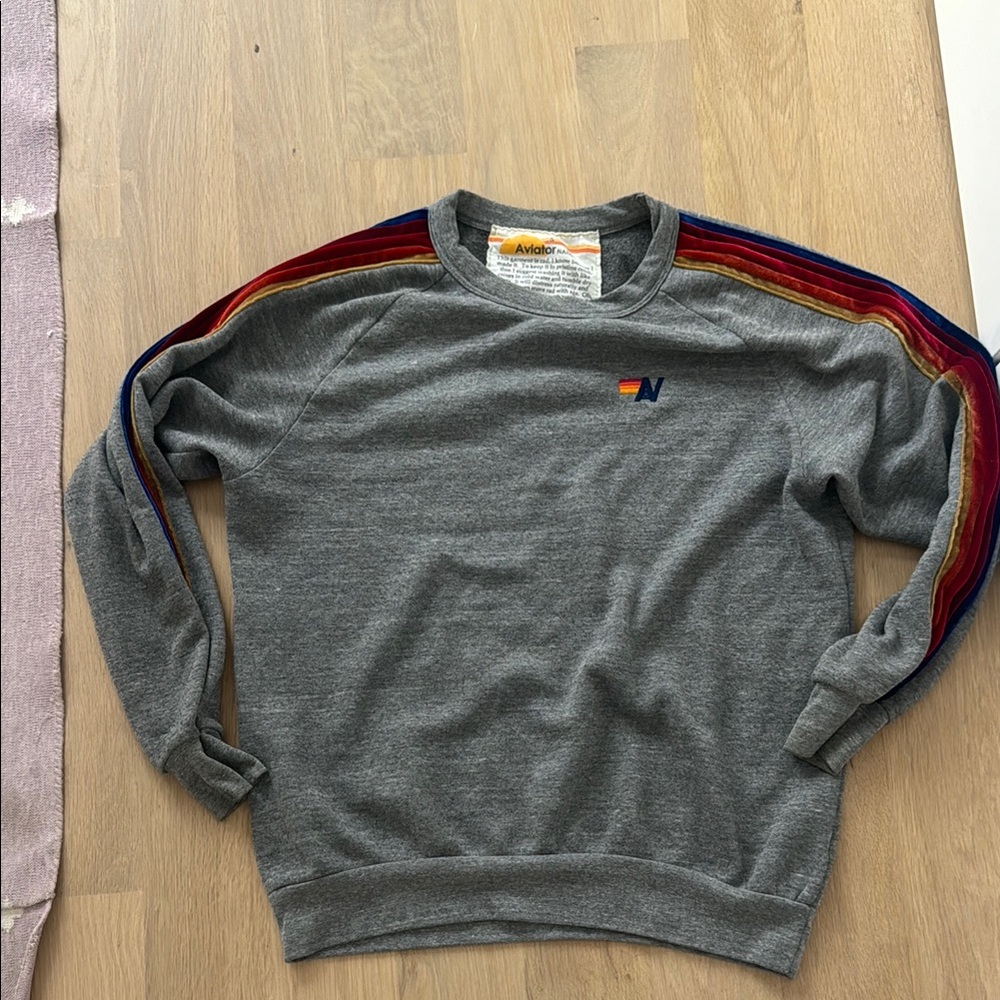 Gray Sweater with Multicolor Stripes
